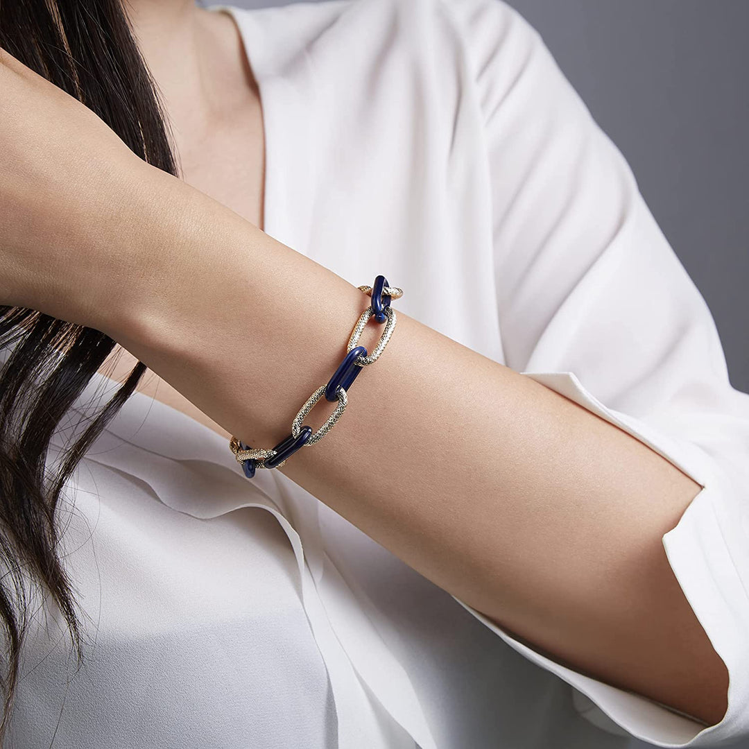 Pera Jewelry 14K Gold-Silver-Rose Gold Filled Twist Link Bracelet, Paperclip Oval Link Bracelet, Bold Chain Bracelets, Retro Style Chain Bracelet, Chunky T-Bar Bracelet with Gift Box Gold - Navy