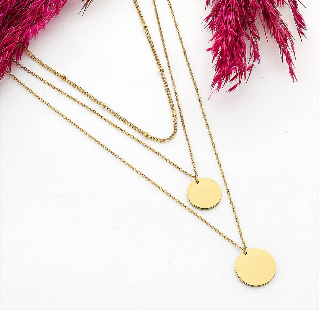 Pera Jewelry 14K Gold Plated, Silver Plated and Rose Gold Plated Coin Pendant, Layered Necklaces for Women with Gift Box | Adjustable Chain, Minimalist, Tiny Dainty Circle Choker Necklaces