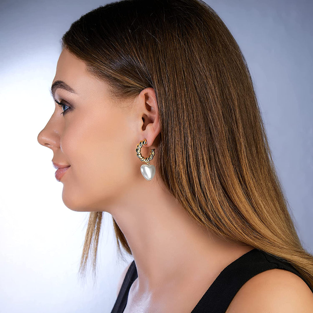Pera Jewelry 14K Gold Plated Freshwater Cultured Pearl Earrings, C Shaped Dangle Pearl Earring, Heart Shaped Pearl Earrings for Women with Gift Box | Minimalist, Tiny Dainty Pearl Earrings