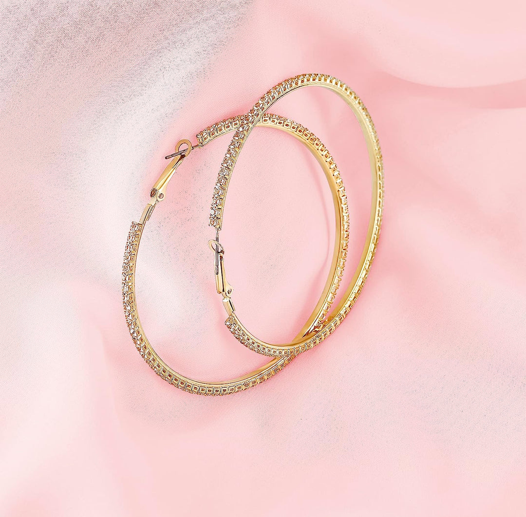 Pera Jewelry 14K Gold Plated Simulated Diamond Cz Hoop Earrings, Exaggerated Big and Medium Size Circle Hoop Earrings for Women with Gift Box | Minimalist, Tiny Dainty Earrings Large