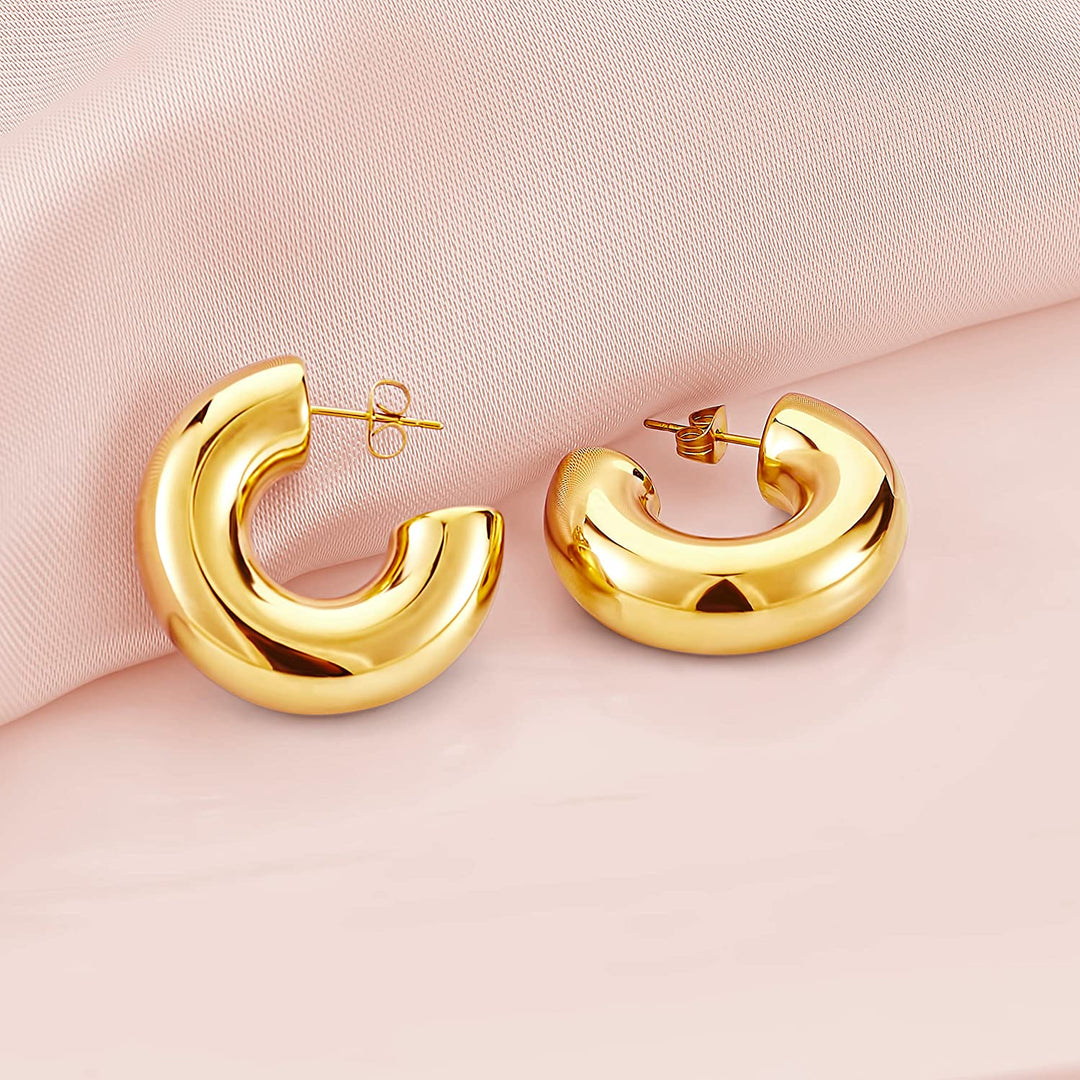 Pera Jewelry 14K Gold Plated Thick Hollow Hoop Earrings, Chunky Bold Hoop Hypoallergenic C Shaped Earrings for Women with Gift Box | Minimalist, Tiny Dainty Earrings