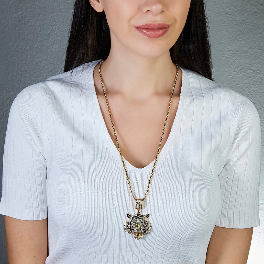 Tiger Head Pendant Chain Necklace 18K Gold Plated Tiger Pendant Hip Hop Rap Punk Rock Club CZ Diamond Necklaces Bengal Tiger Pendant