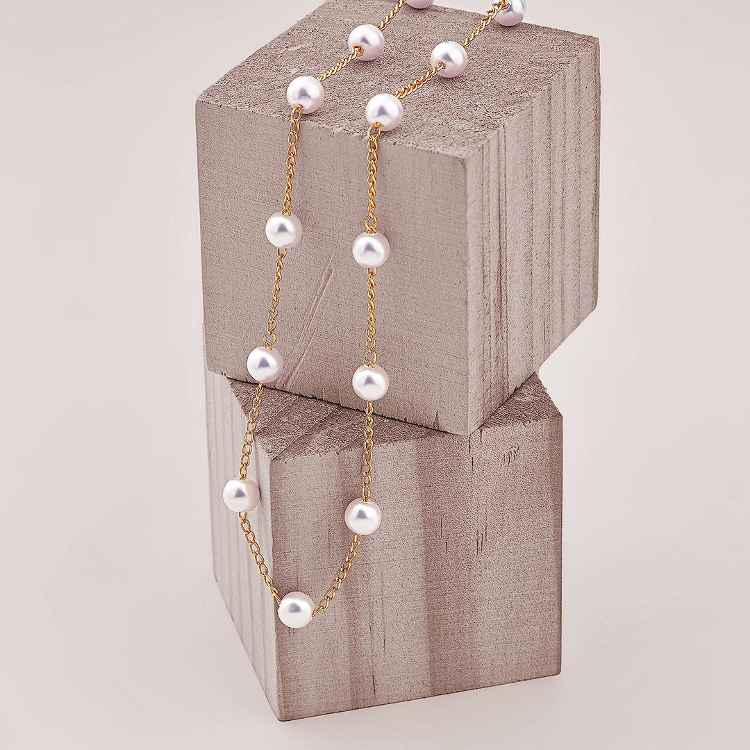 Pearl Choker Dainty Adjustable Necklace, White Freshwater Cultured Pearl Chain Necklace 18K Gold Plated Necklaces, Pearl Chain Necklace Pearl Necklace Everyday Jewelry