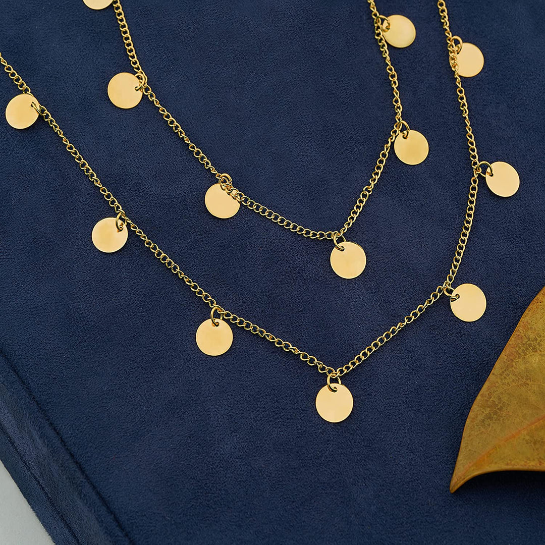 14K Yellow Gold Plated Disc Necklace Multi Station Necklaces Layering Long Gold Necklace, Gold Disk Necklace, Gold Dangling Disc Choker Necklace, Round Disc Pendant Necklace | Dainty Station Jewelry