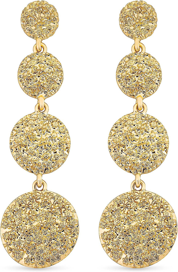 Pera Jewelry 14K Gold Plated Long Drop Earrings, Circle Drop Long Earrings, Hammered Drop Dangle Circle Earrings for Women with Gift Box | Minimalist, Tiny Dainty Dangle Earrings