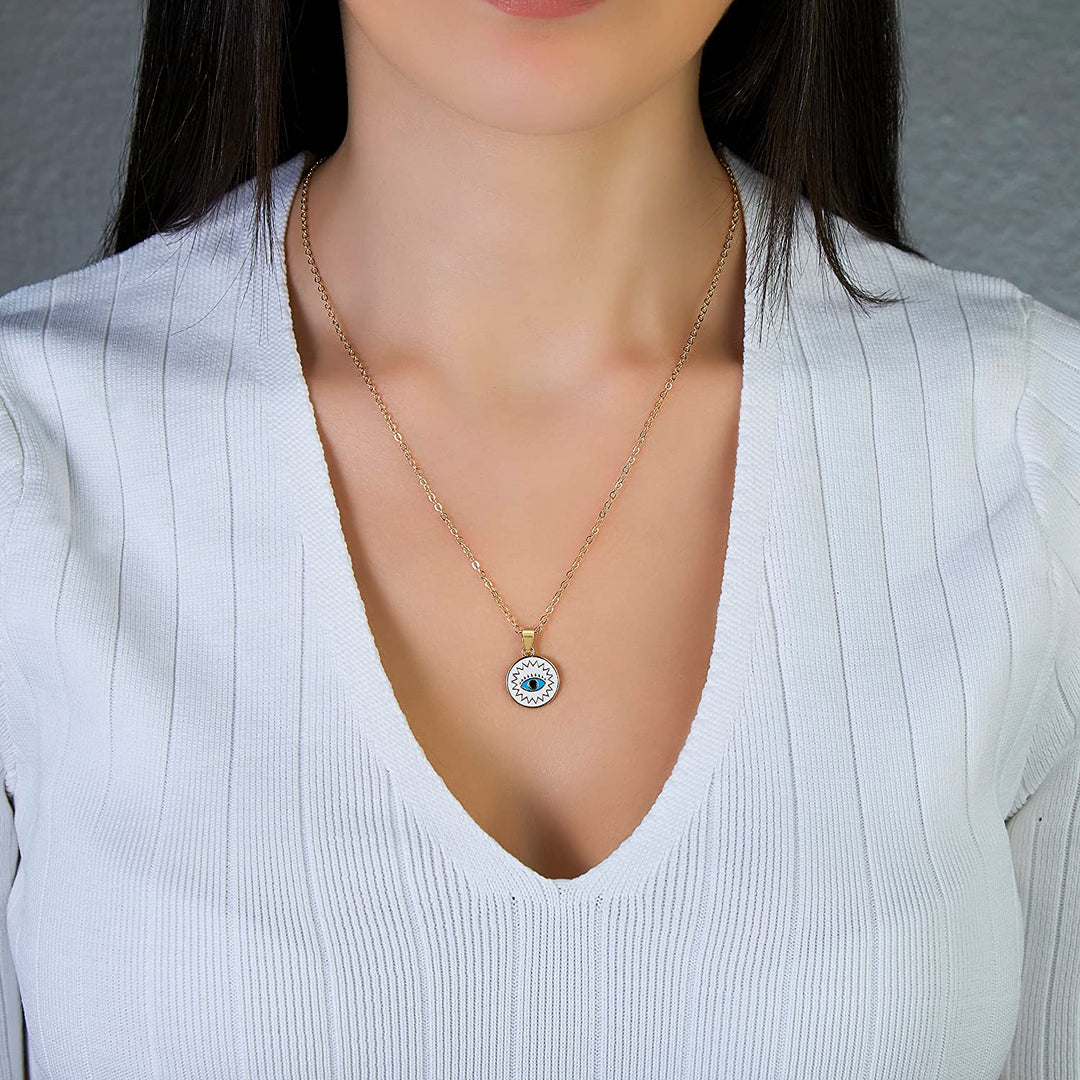 Enamel Evil Eye Necklace For Women Jewelry Evil Eye Sun Luck Charm Enamel Chain Necklace Tarnish Free Evil Eye Charms Blue Eyes Pendant Protect Me Eye Necklace