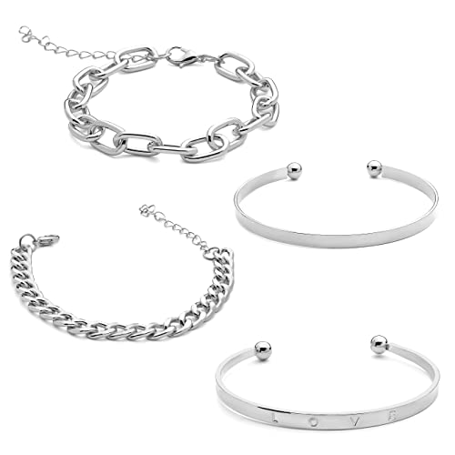 Pera Jewelry 14K Gold and Silver Plated Layered Bracelet Sets, 4 Pieces, Adjustable Layered Link Bracelets Sets, Dainty Link Paperclip Choker Bracelet Cuban Curb Figaro Link Bracelet Sets with Gift Box