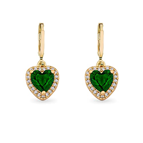 Pera Jewelry 14K Gold Plated Heart Shaped Earrings, Simulated Emerald and White Diamond Drop Earrings, Cubic Zirconia Dangle Earrings for Women with Gift Box | Minimalist, Tiny Dainty Earrings