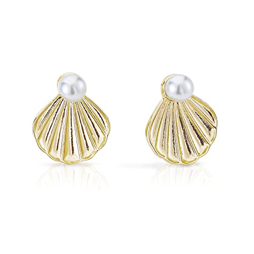 Pera Jewelry 14K Gold Plated Freshwater Cultured Pearl Earrings, Seashell Pearl Earring for Women with Gift Box | Minimalist, Tiny Dainty Pearl Earrings