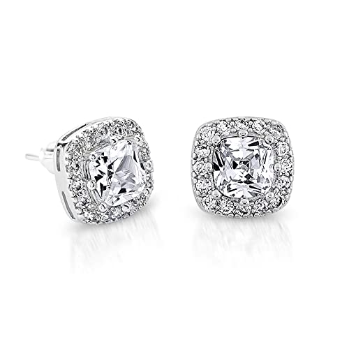 Pera Jewelry Sterling Silver Plated Cubic Zirconia Cushion Cutting Stud Earrings, Simulated Diamond Cz Stud Earrings for Women with Gift Box | Minimalist, Tiny Dainty Earrings