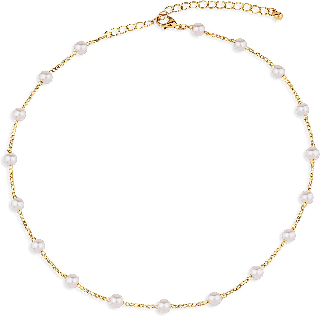 Pearl Choker Dainty Adjustable Necklace, White Freshwater Cultured Pearl Chain Necklace 18K Gold Plated Necklaces, Pearl Chain Necklace Pearl Necklace Everyday Jewelry