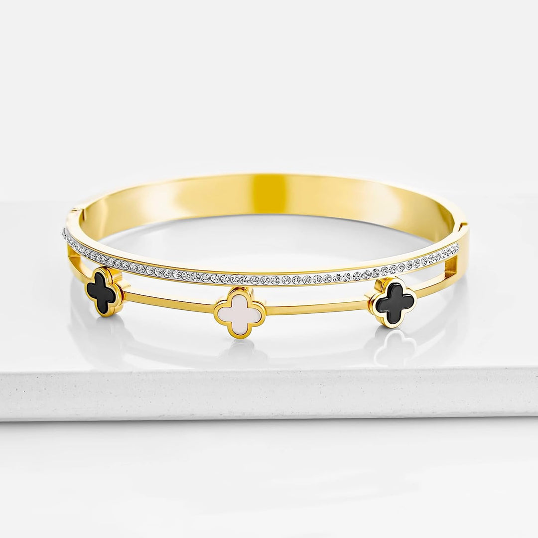 Pera Jewelry 14K Gold Plated Bangle Bracelet, Zirconia Simulate Diamond Bangle, Cuff Bracelets for Women with Gift Box, Buckled Nail Cuff Bold Bangle Bracelet