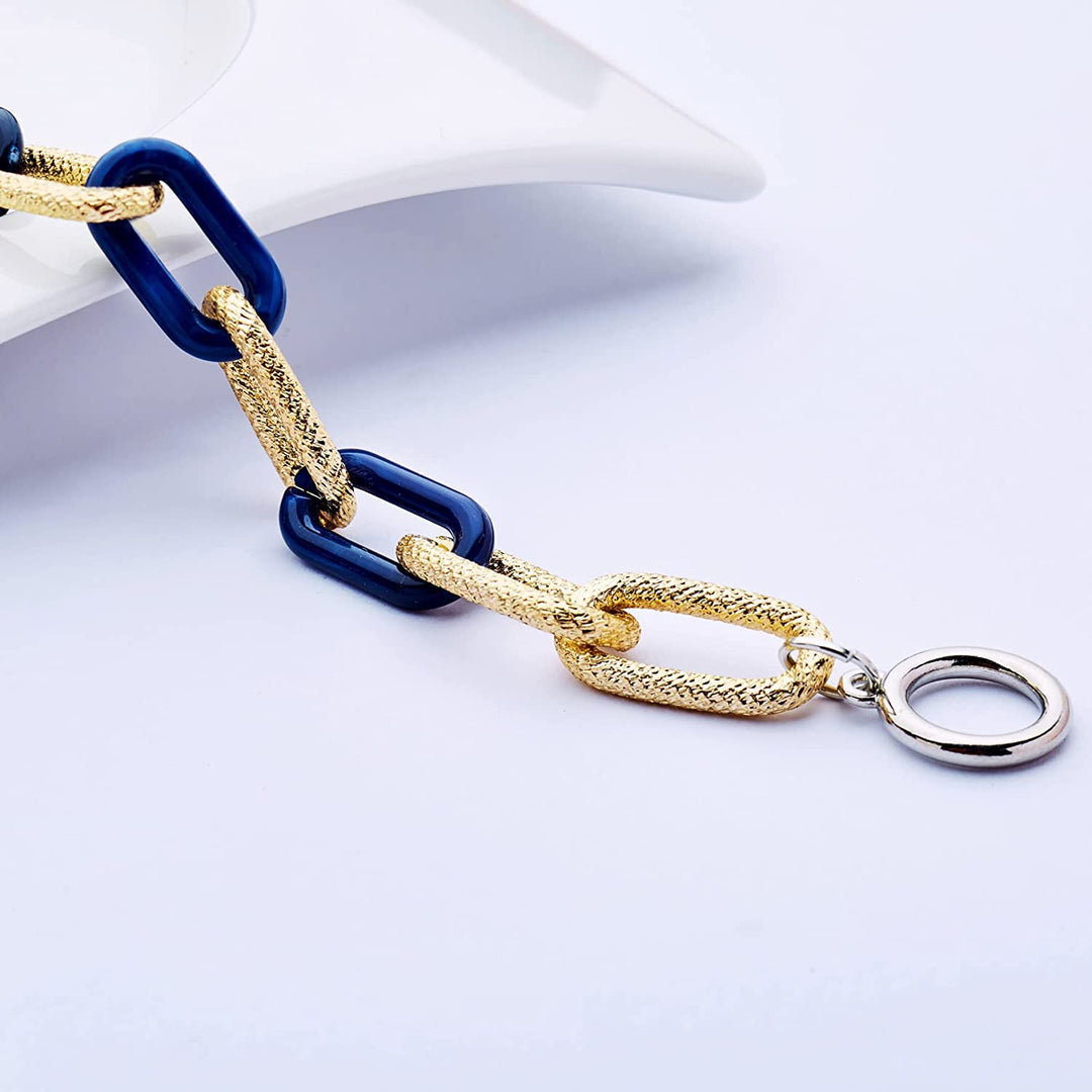 Pera Jewelry 14K Gold-Silver-Rose Gold Filled Twist Link Bracelet, Paperclip Oval Link Bracelet, Bold Chain Bracelets, Retro Style Chain Bracelet, Chunky T-Bar Bracelet with Gift Box Gold - Navy