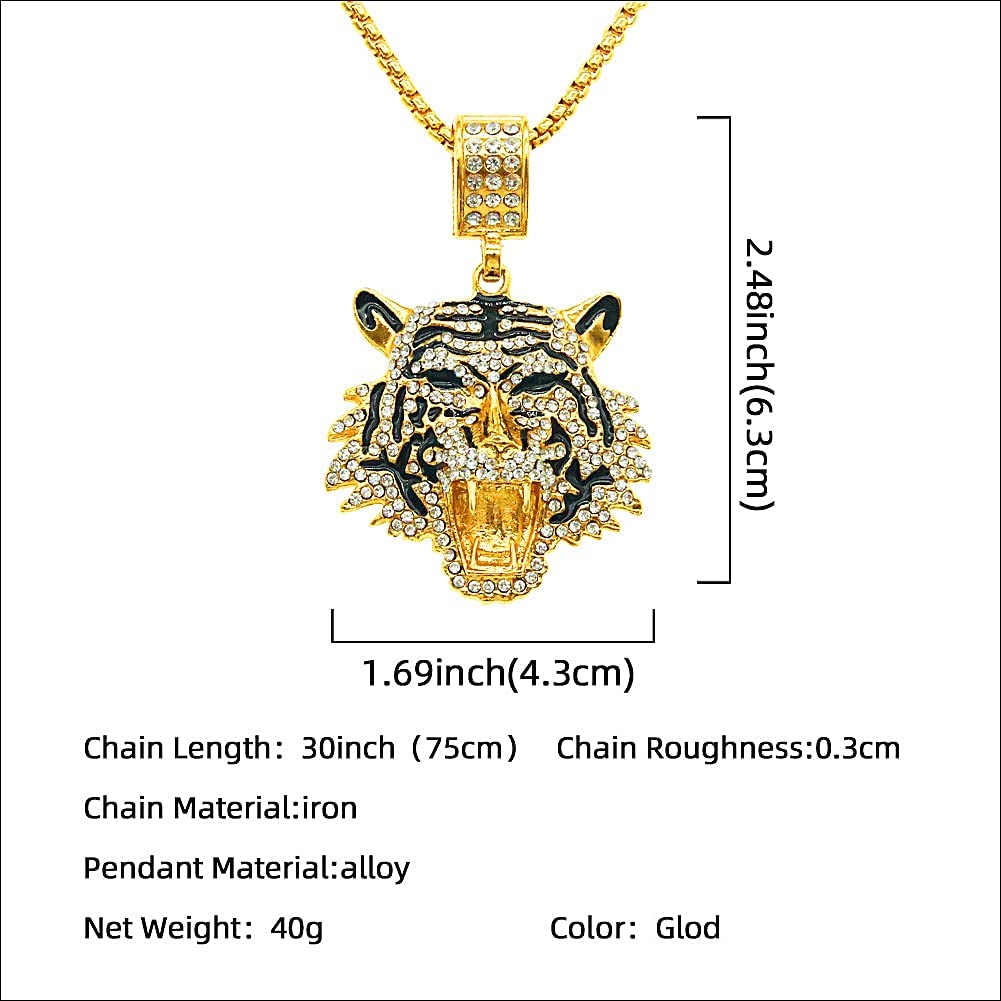 Tiger Head Pendant Chain Necklace 18K Gold Plated Tiger Pendant Hip Hop Rap Punk Rock Club CZ Diamond Necklaces Bengal Tiger Pendant