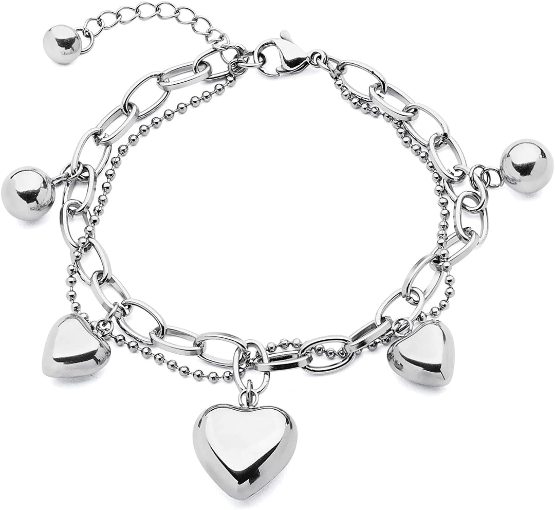 Pera Jewelry 14K Gold and Silver Plated Heart Charms Bracelet Heart Shape Link Bracelets, Zircon Heart Shaped Bracelet Heart Link Layered Chain Bracelet with Gift Box