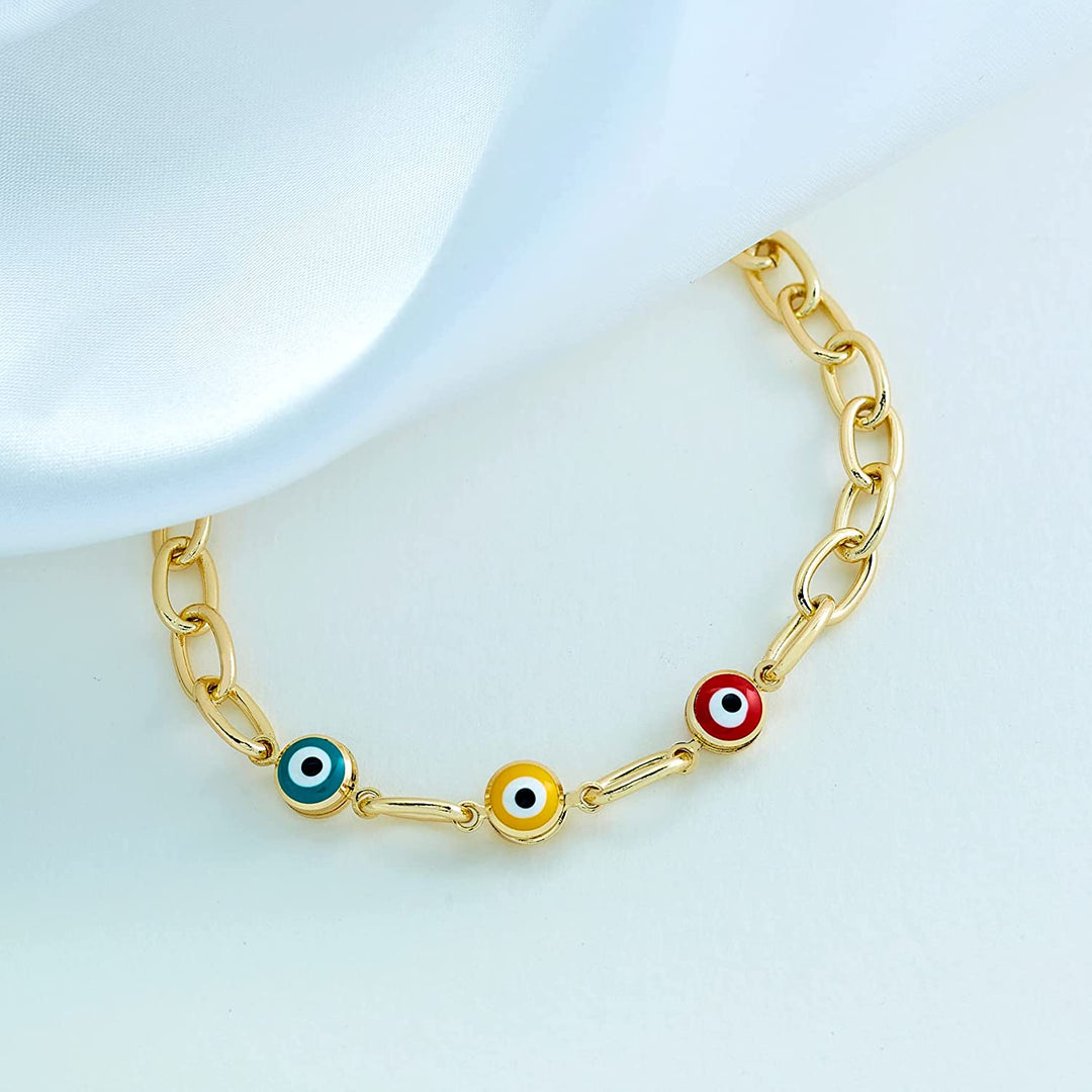 Pera Jewelry 14K Yellow Gold Plated Evil Eye Bracelets, Charm Enamel Evil Eye Protection Link Chain Bracelet, String Evil Eye Bracelets with Gift Box