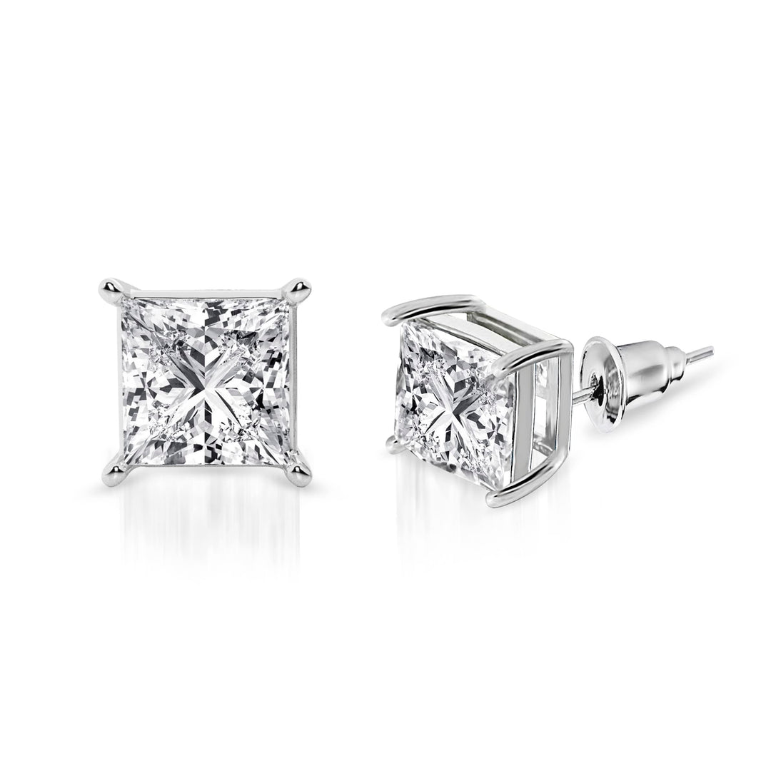 Pera Jewelry 925 Sterling Silver Plated Cubic Zirconia Stud Earrings, Princess Cubic Zirconia 4 Prong Stud Earrings, Square Cz Earrings for Women with Gift Box | Minimalist, Tiny Dainty Earrings