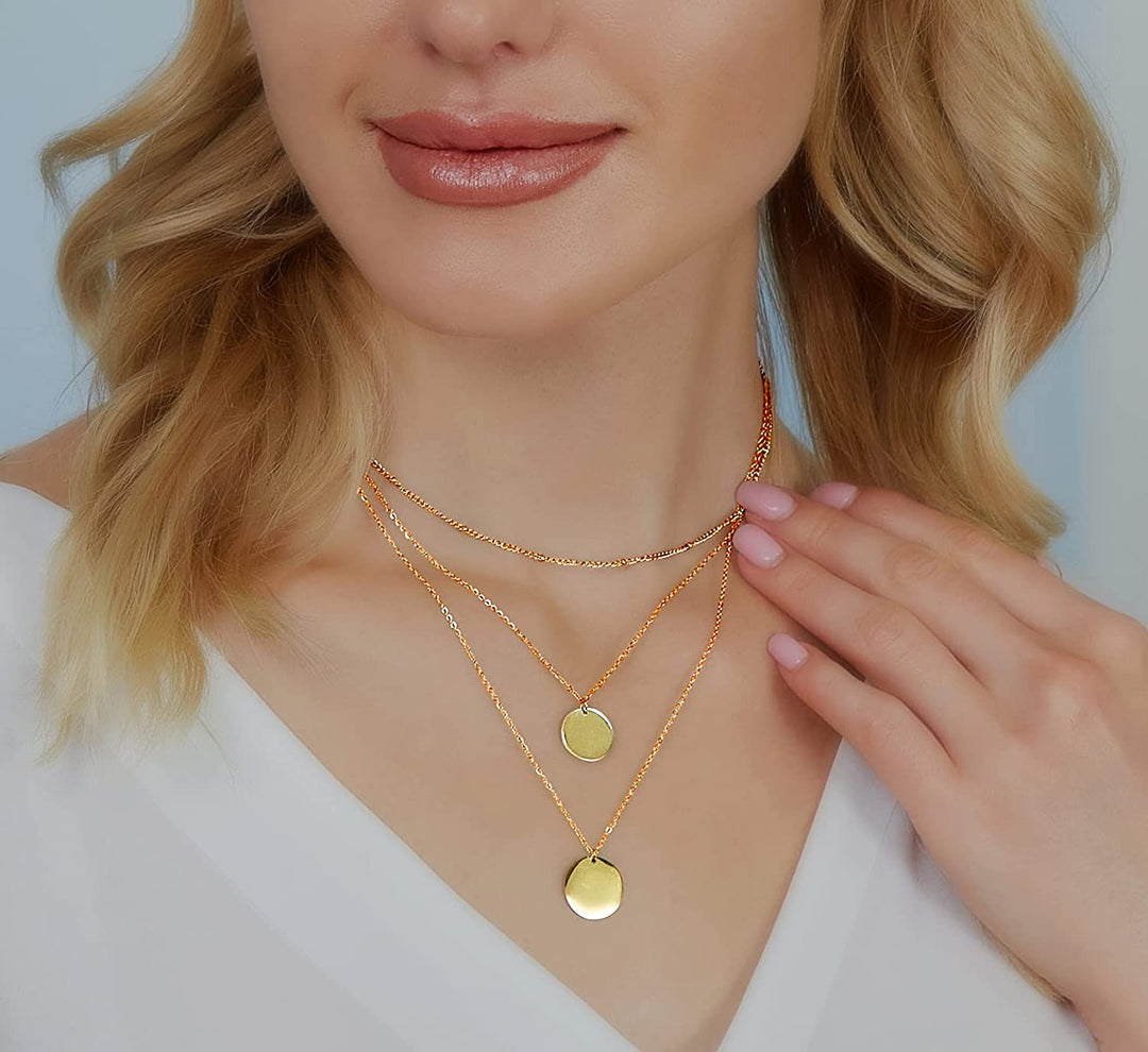 Pera Jewelry 14K Gold Plated, Silver Plated and Rose Gold Plated Coin Pendant, Layered Necklaces for Women with Gift Box | Adjustable Chain, Minimalist, Tiny Dainty Circle Choker Necklaces