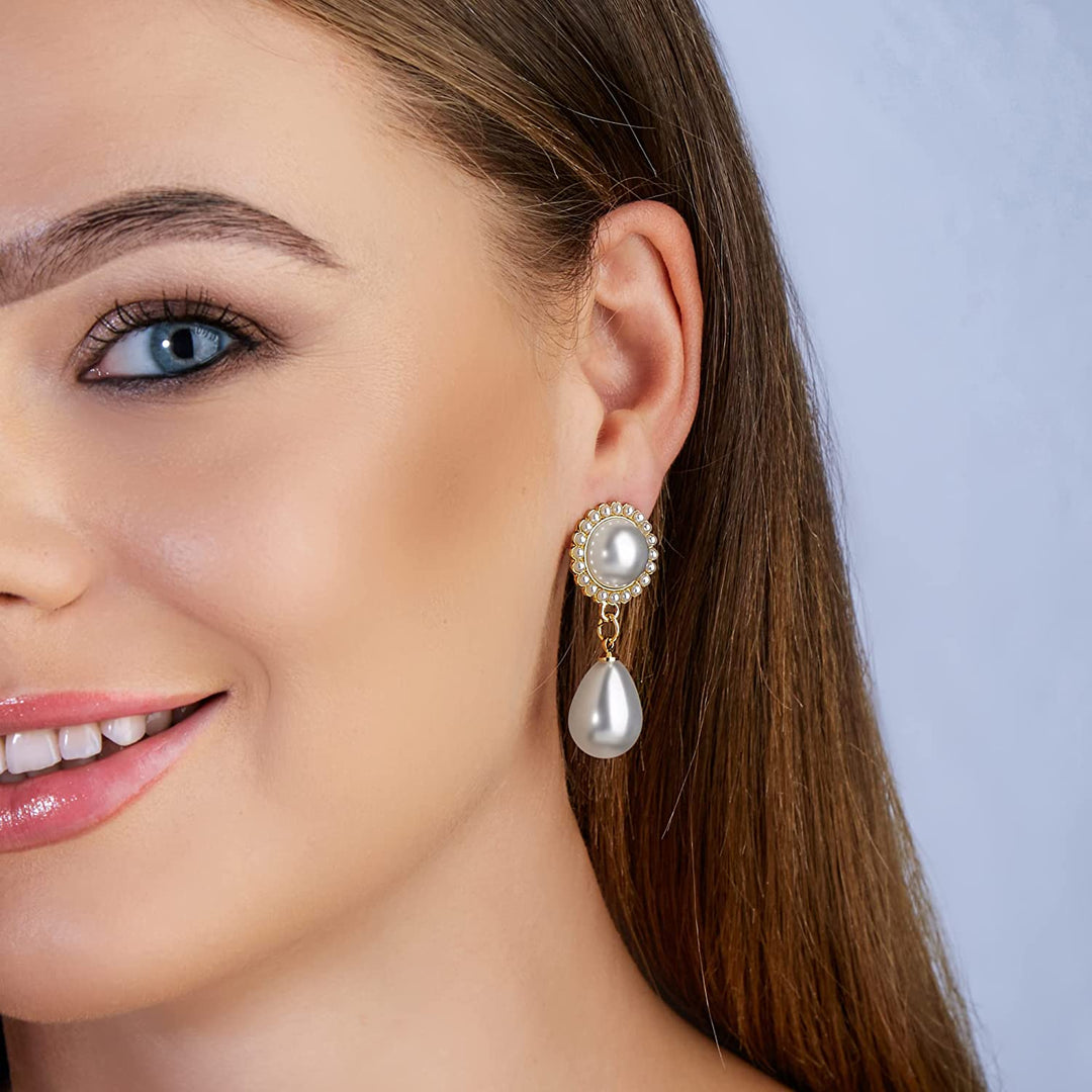 Pera Jewelry 14K Gold Plated Freshwater Cultured Pearl Earrings, Pearl Dangle Stud Earrings, Drop Pearl Earrings for Women with Gift Box | Minimalist, Tiny Dainty Pearl Earrings