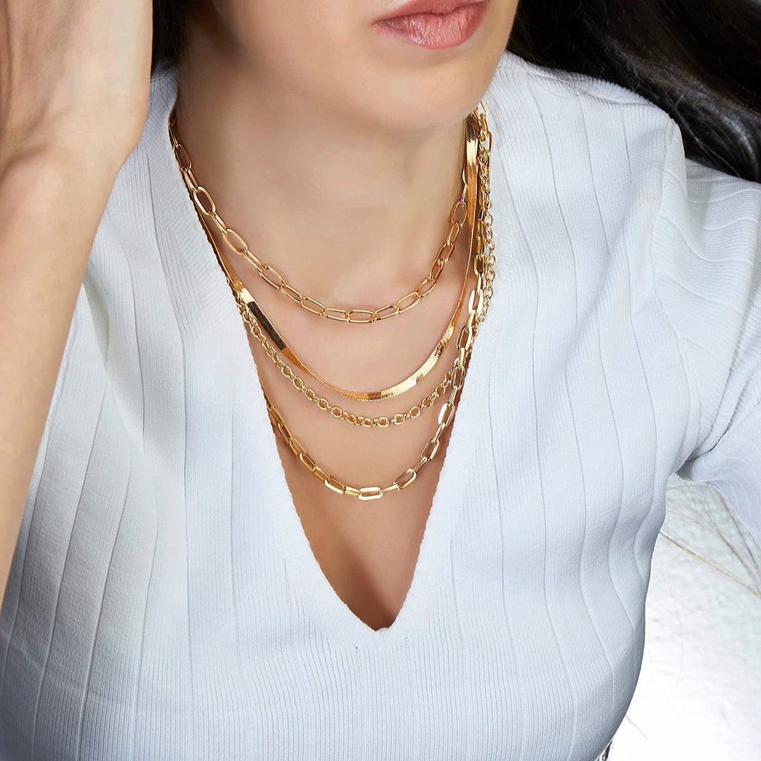 Pera Jewelry 14K Gold Plated Dainty Layering Necklaces for Women, Snake Chain, Curb Link, Paperclip Layered Chains Necklaces, Real Gold Plated Non-Tarnish Multi Layered Necklaces