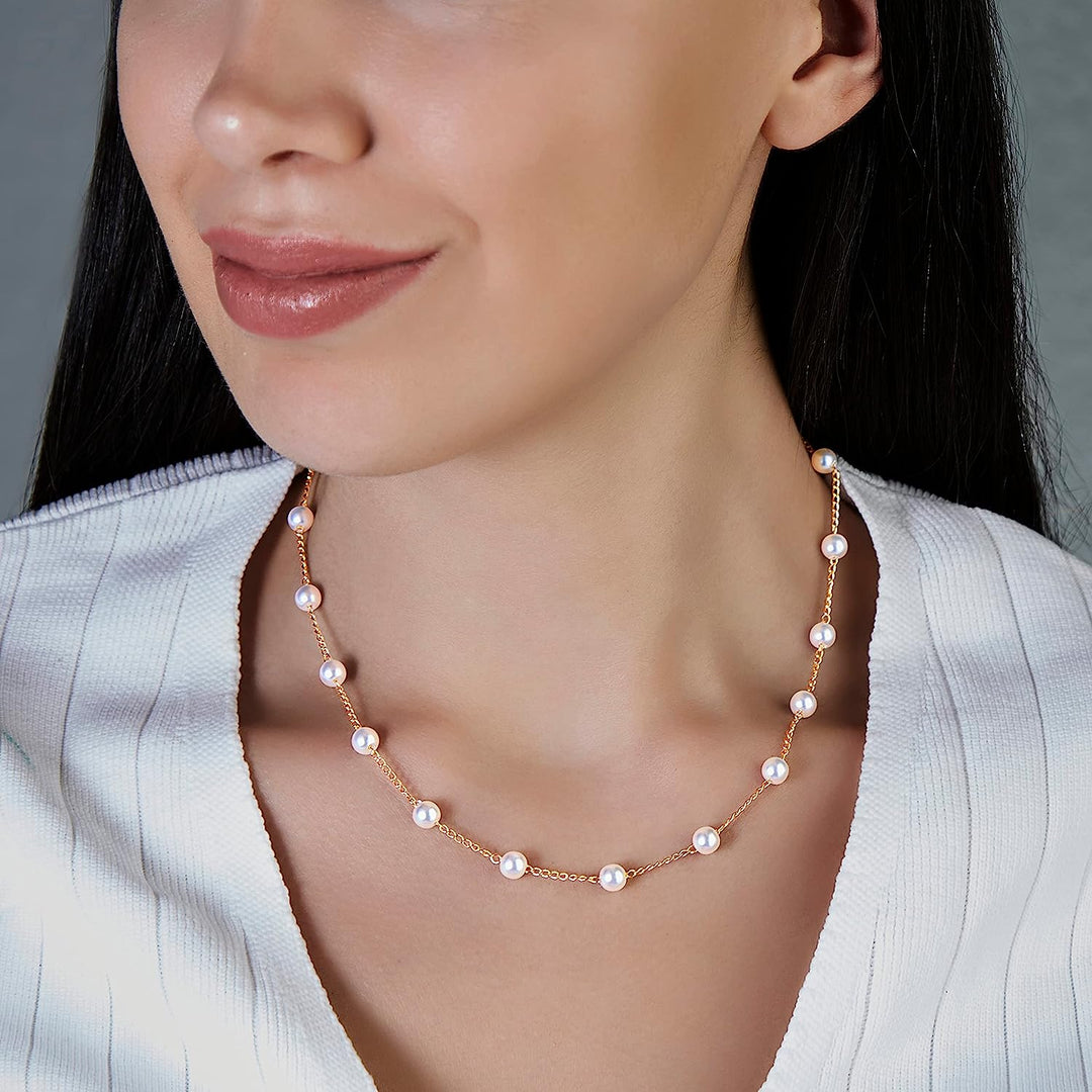 Pearl Choker Dainty Adjustable Necklace, White Freshwater Cultured Pearl Chain Necklace 18K Gold Plated Necklaces, Pearl Chain Necklace Pearl Necklace Everyday Jewelry