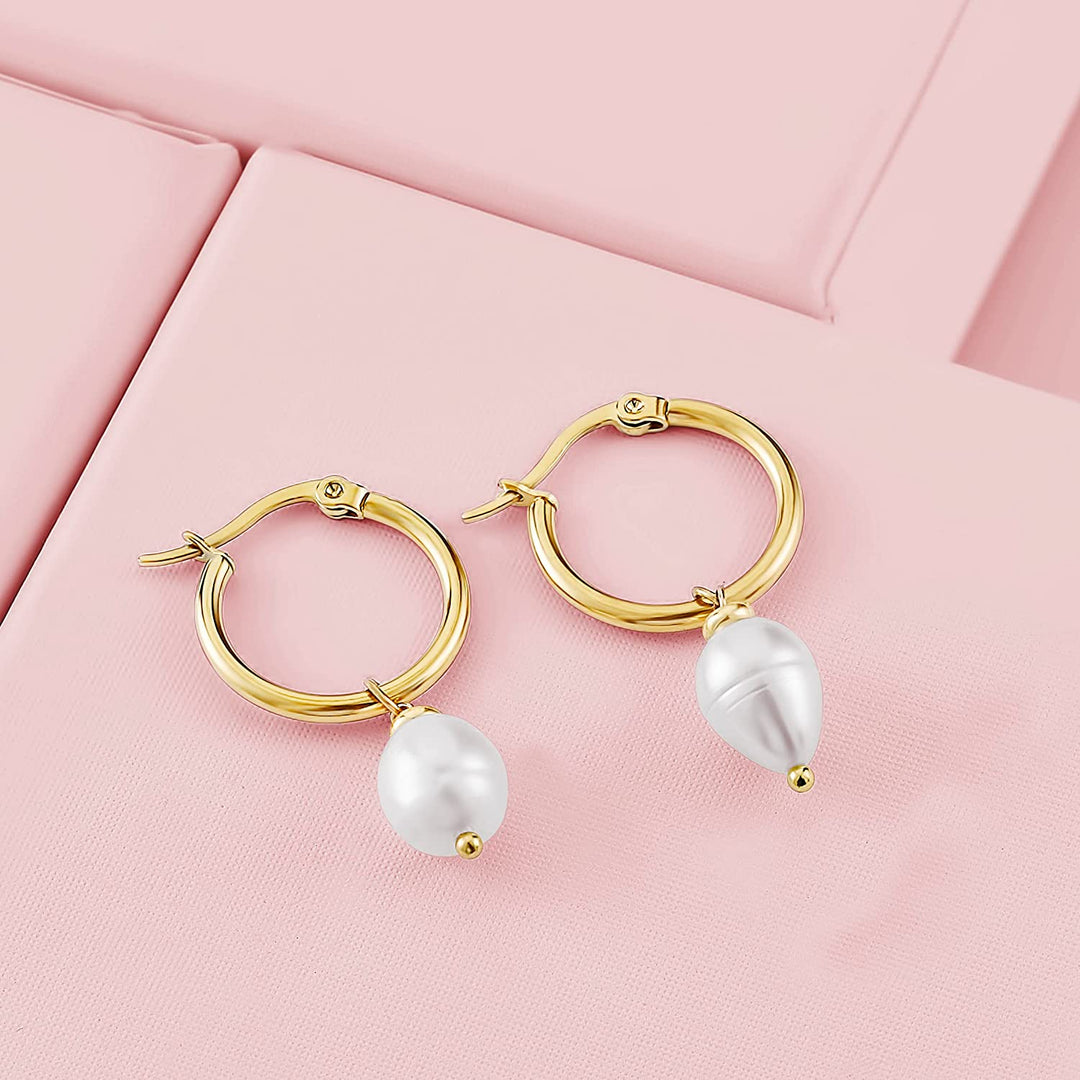 Pera Jewelry 14K Gold Plated Freshwater Cultured Pearl Earrings, Hoop Earrings with Pearl Dangle for Women with Gift Box | Minimalist, Tiny Dainty Pearl Earrings