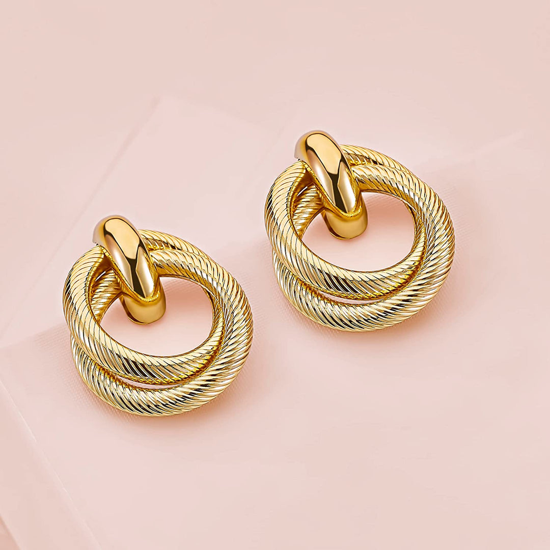 Pera Jewelry 14K Gold Plated Dangle Earrings, Twist Double Hoop Dangle Earrings, Geometric Circle Dangle Earrings for Women with Gift Box | Minimalist, Tiny Dainty Dangle Earrings
