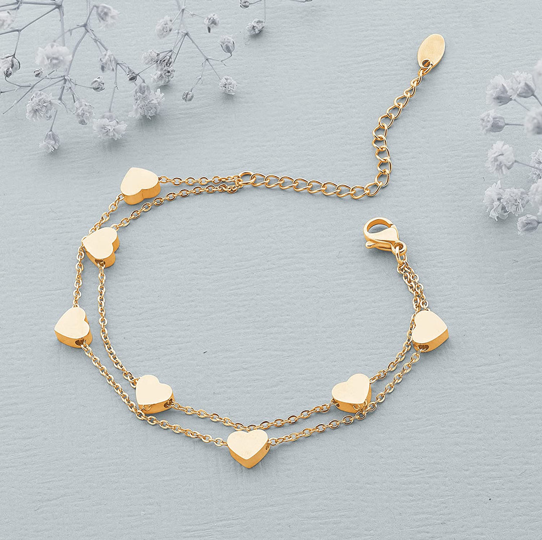 Pera Jewelry Heart Bracelets, 14K Gold Plated and Silver Plated Layered Chain Heart Bracelets for Women with Gift Box, Adjustable Charm Bracelets, Minimalist Fashion Jewelry, Tiny Dainty Bracelets
