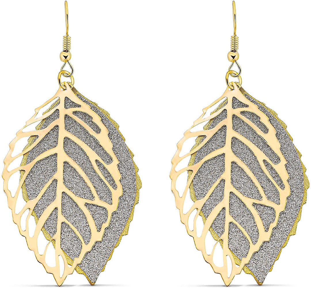 Pera Jewelry 14K Gold Plated Leaf Shape Earrings, Double Layer Tree Leaf Shape Dangle Earrings for Women with Gift Box | Minimalist, Tiny Dainty Lightweight Chandelier Dangle Drop Earrings