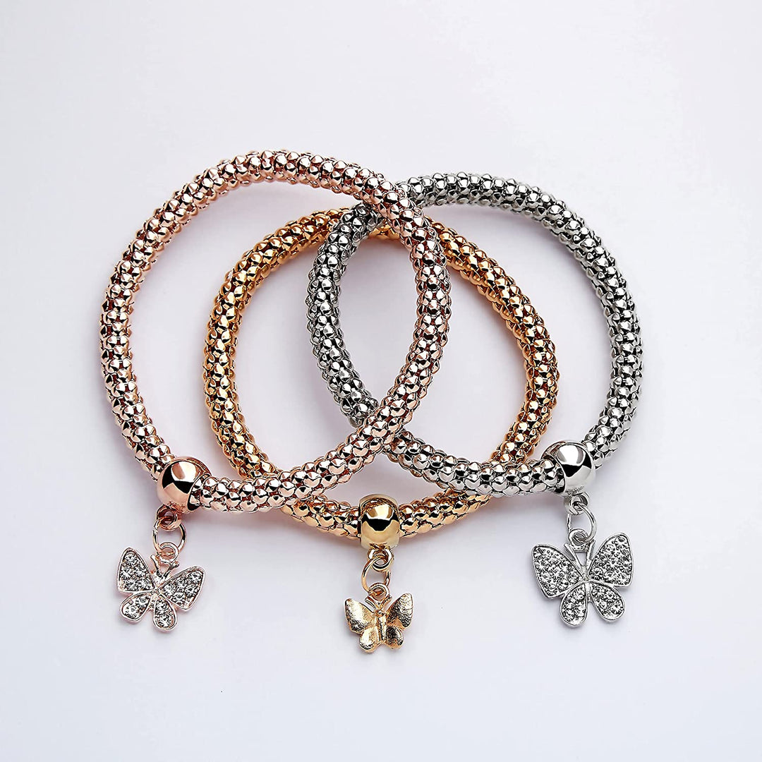 SILANER Crystal Charms Multilayer Bracelets - 3PCS Gold/Silver/Rose Gold  Corn Chain Bracelet for Women, Tree of Life Heart Shaped Stretch Bracelet