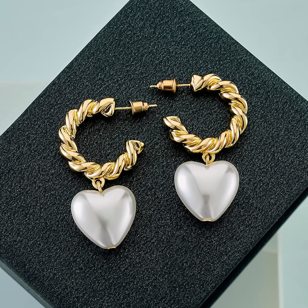 Pera Jewelry 14K Gold Plated Freshwater Cultured Pearl Earrings, C Shaped Dangle Pearl Earring, Heart Shaped Pearl Earrings for Women with Gift Box | Minimalist, Tiny Dainty Pearl Earrings